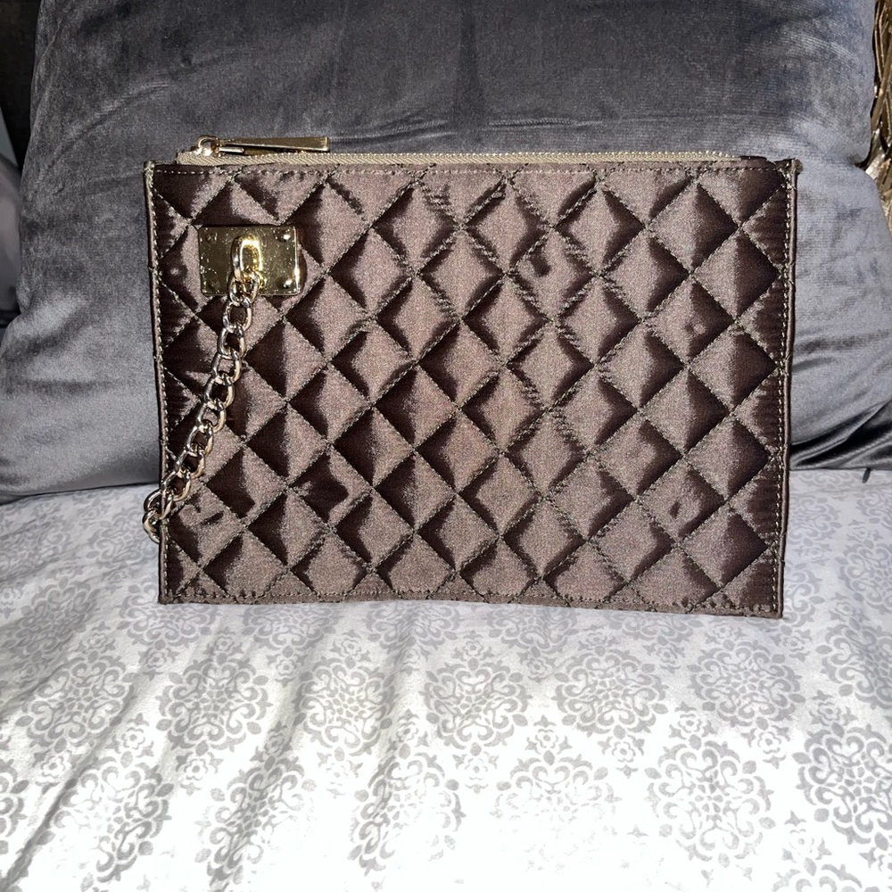 Olive green satin quilted clutch bag